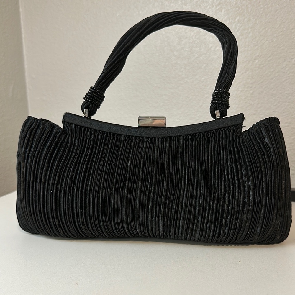 Elegant Vintage Black Satin Ruffle Handbag